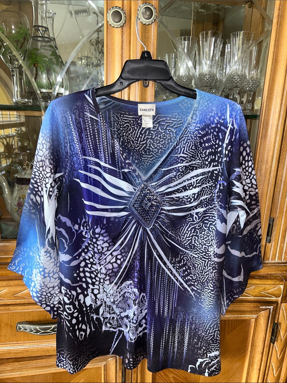 Chico's Blue & Black Abstract V-Neck Embellished Tunic